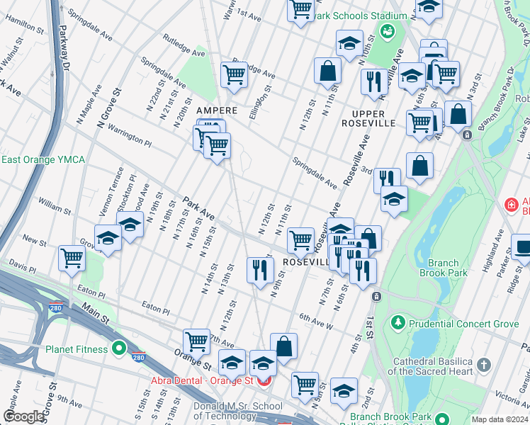 map of restaurants, bars, coffee shops, grocery stores, and more near 162 North 12th Street in Newark