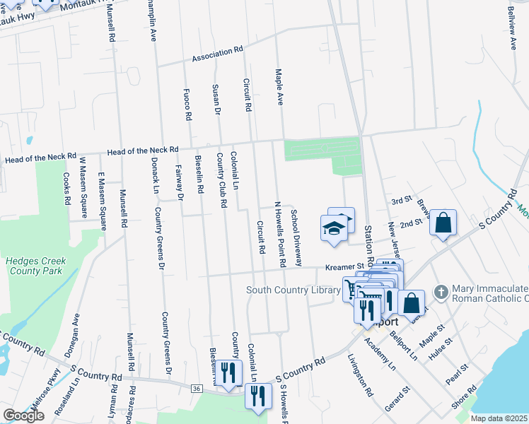 map of restaurants, bars, coffee shops, grocery stores, and more near 55 Circuit Road in Bellport