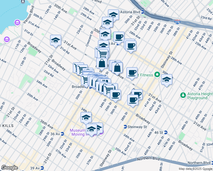 map of restaurants, bars, coffee shops, grocery stores, and more near 31-58 33rd Street in Queens