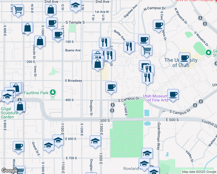 map of restaurants, bars, coffee shops, grocery stores, and more near 305 South 1300 East in Salt Lake City