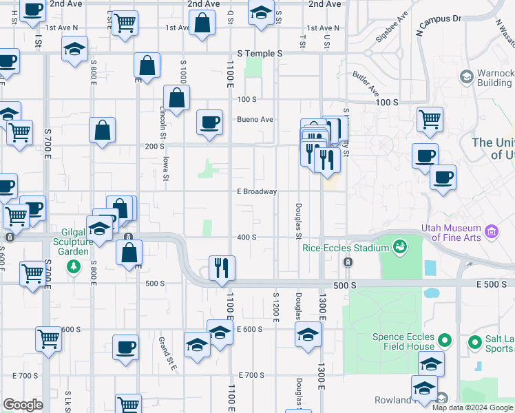 map of restaurants, bars, coffee shops, grocery stores, and more near 1144 East 300 South in Salt Lake City