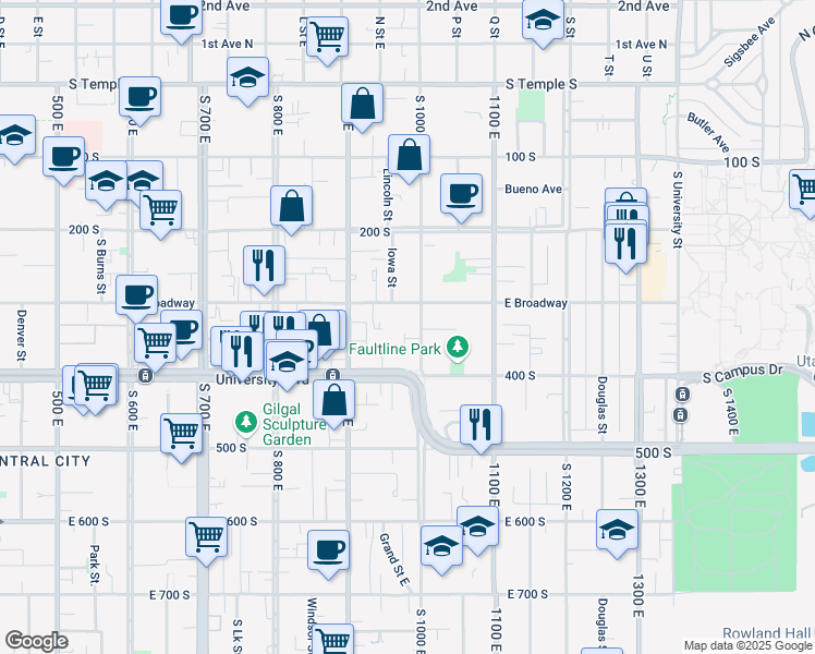 map of restaurants, bars, coffee shops, grocery stores, and more near 312 South 1000 East in Salt Lake City
