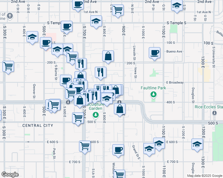 map of restaurants, bars, coffee shops, grocery stores, and more near 834 East 300 South in Salt Lake City