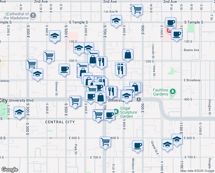 map of restaurants, bars, coffee shops, grocery stores, and more near 726 East 300 South in Salt Lake City