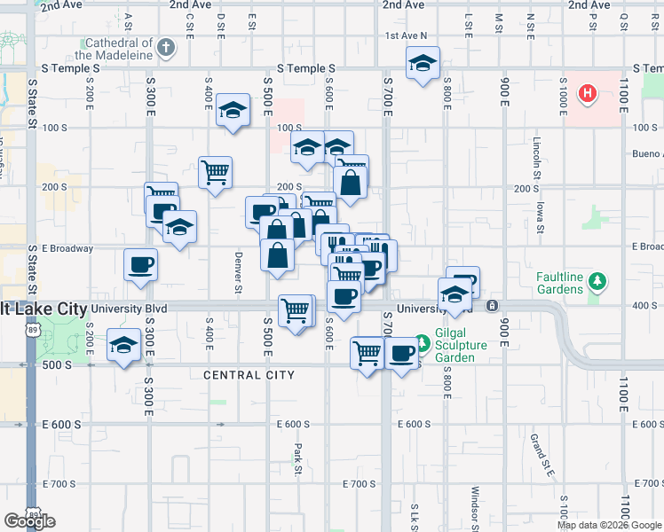 map of restaurants, bars, coffee shops, grocery stores, and more near 624 East Broadway in Salt Lake City