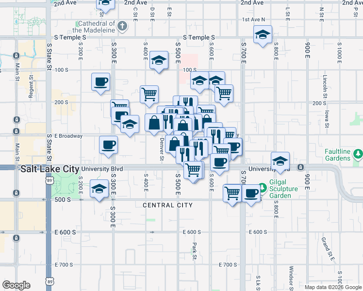 map of restaurants, bars, coffee shops, grocery stores, and more near 516 East 300 South in Salt Lake City
