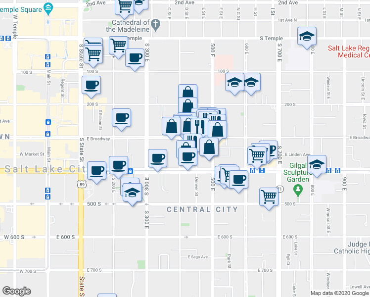 map of restaurants, bars, coffee shops, grocery stores, and more near 408 East 300 South in Salt Lake City