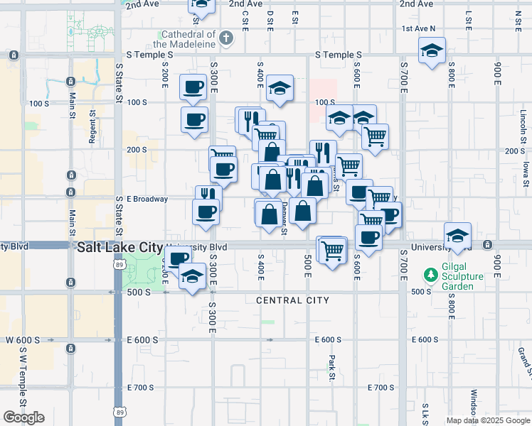 map of restaurants, bars, coffee shops, grocery stores, and more near 408 East 300 South in Salt Lake City