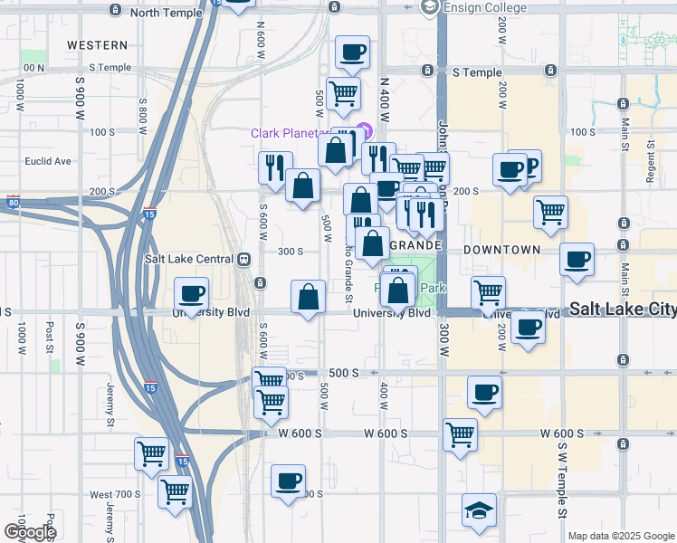 map of restaurants, bars, coffee shops, grocery stores, and more near 270 South Rio Grande Street in Salt Lake City