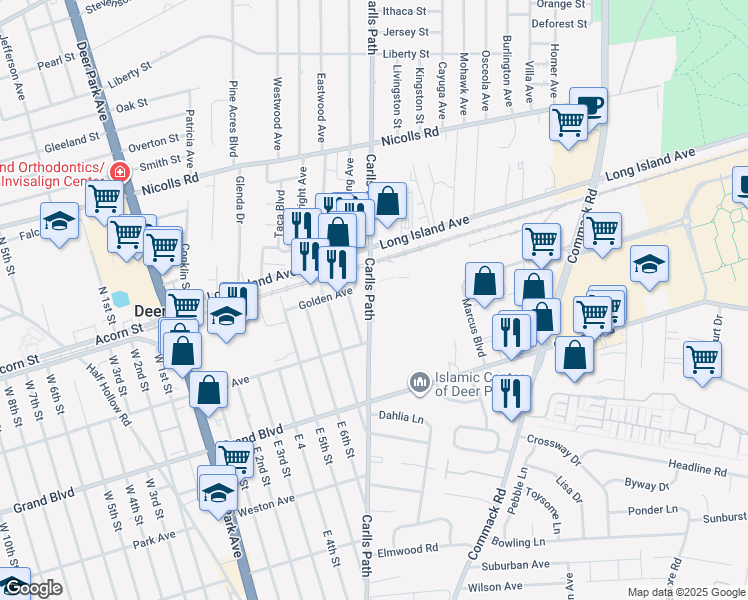 map of restaurants, bars, coffee shops, grocery stores, and more near 1-72 Parkcenter Drive in Deer Park