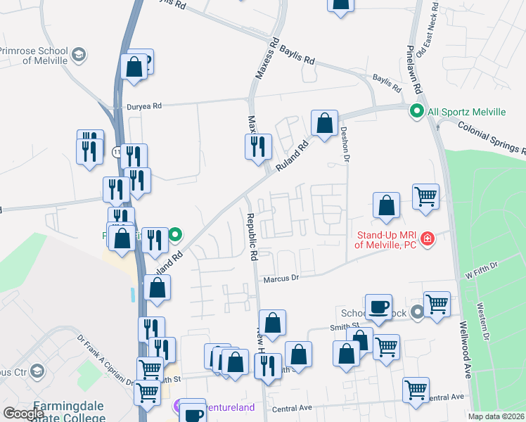 map of restaurants, bars, coffee shops, grocery stores, and more near 100 Court North Drive in Melville