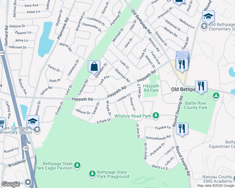 map of restaurants, bars, coffee shops, grocery stores, and more near 2 Maggio Lane in Old Bethpage