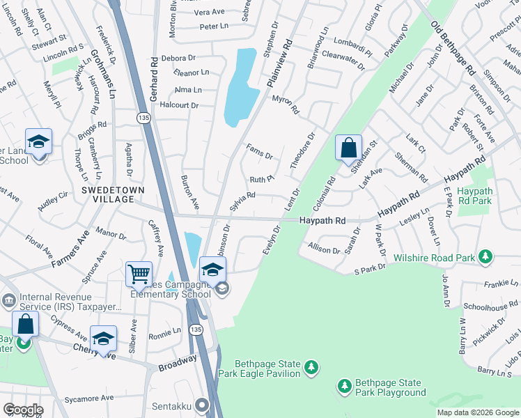 map of restaurants, bars, coffee shops, grocery stores, and more near 20 Sylvia Road in Plainview
