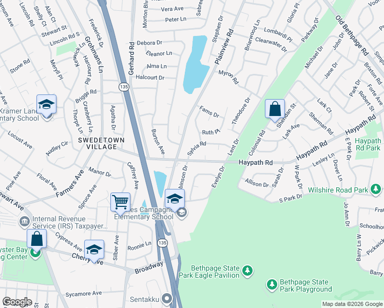 map of restaurants, bars, coffee shops, grocery stores, and more near 7 Sylvia Road in Plainview