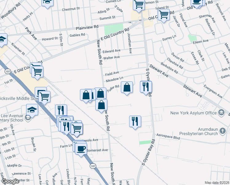 map of restaurants, bars, coffee shops, grocery stores, and more near 4 Eton Lane in Hicksville