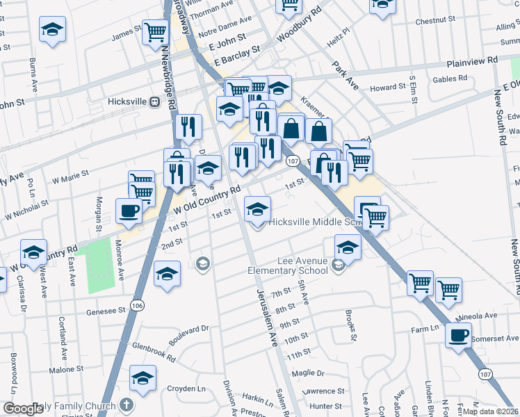 map of restaurants, bars, coffee shops, grocery stores, and more near 19 Sterling Place in Hicksville
