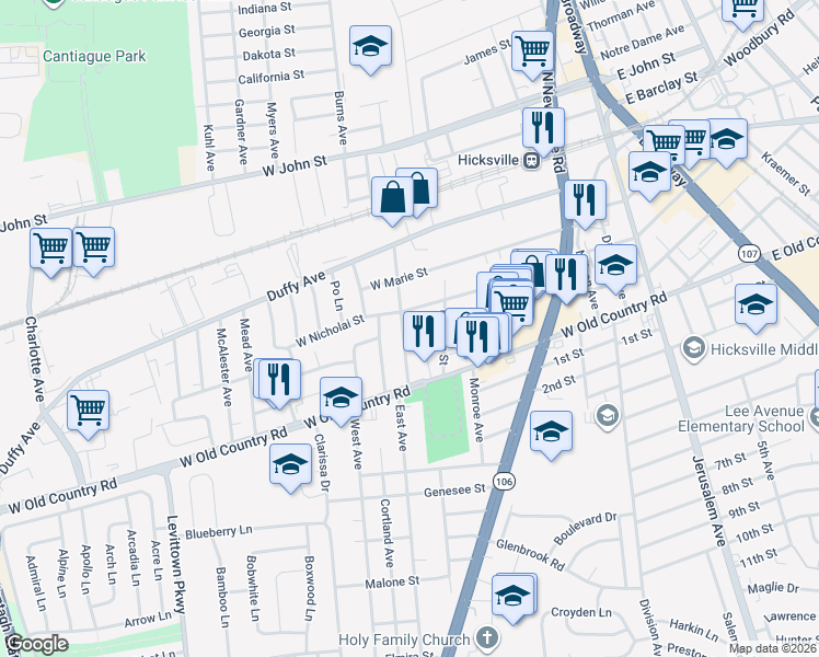 map of restaurants, bars, coffee shops, grocery stores, and more near 275 West Nicholai Street in Hicksville