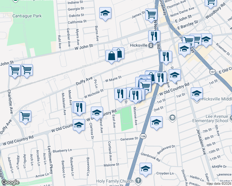 map of restaurants, bars, coffee shops, grocery stores, and more near 275 West Nicholai Street in Hicksville