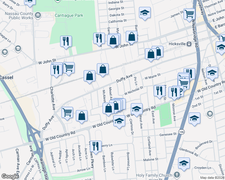 map of restaurants, bars, coffee shops, grocery stores, and more near 358 West Nicholai Street in Hicksville