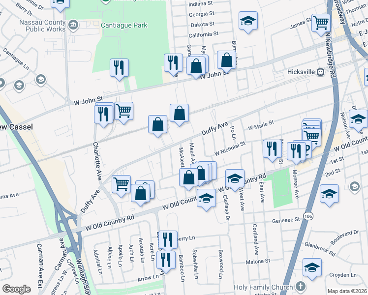 map of restaurants, bars, coffee shops, grocery stores, and more near 29 McAlester Avenue in Hicksville