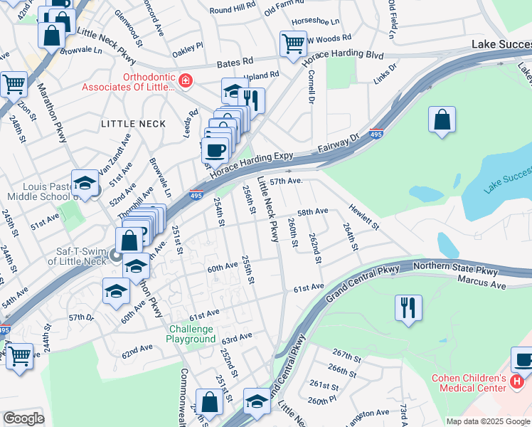 map of restaurants, bars, coffee shops, grocery stores, and more near 57-50 Little Neck Parkway in Queens