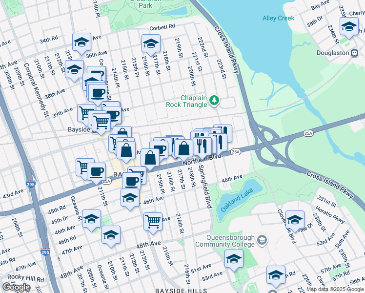 map of restaurants, bars, coffee shops, grocery stores, and more near 218-03 43rd Avenue in Queens