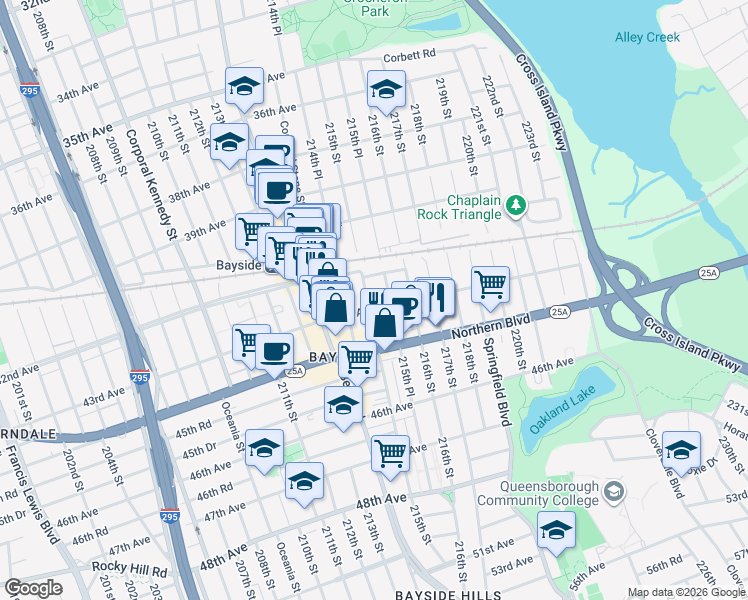 map of restaurants, bars, coffee shops, grocery stores, and more near 42-11 215th Place in Queens