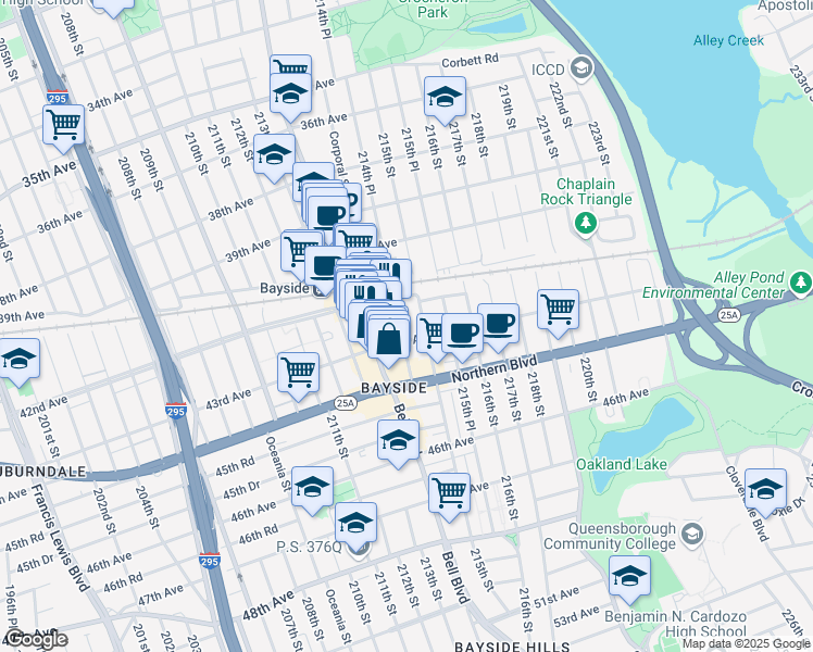 map of restaurants, bars, coffee shops, grocery stores, and more near 4216 214th Place in Queens