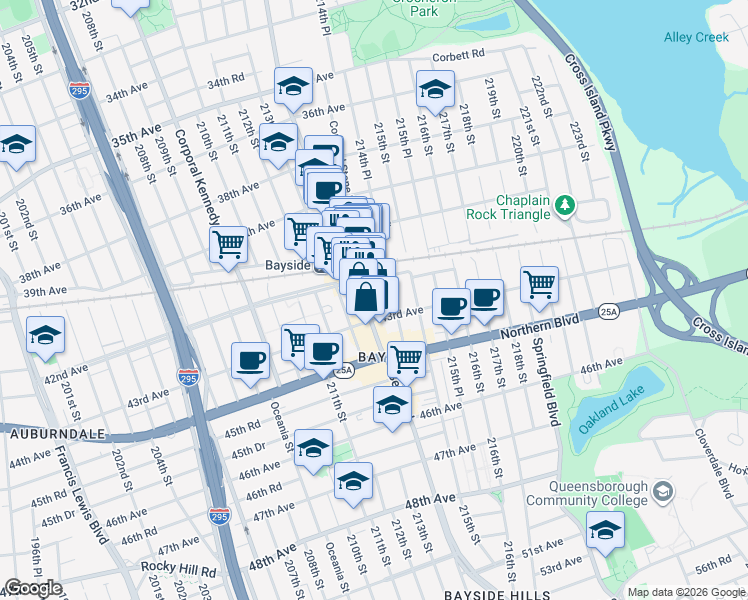 map of restaurants, bars, coffee shops, grocery stores, and more near 42-07 Bell Boulevard in Queens