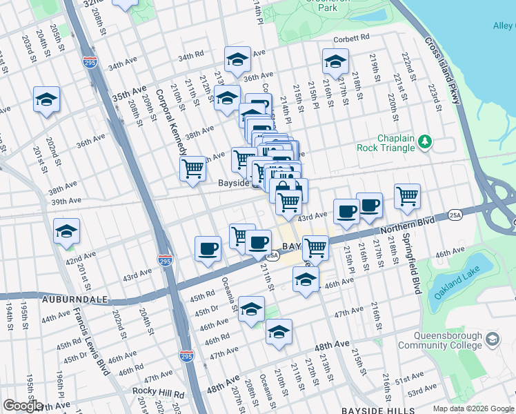 map of restaurants, bars, coffee shops, grocery stores, and more near 212-16 42nd Avenue in Queens