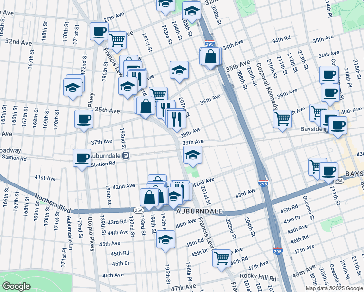 map of restaurants, bars, coffee shops, grocery stores, and more near 38-03 Francis Lewis Boulevard in Queens