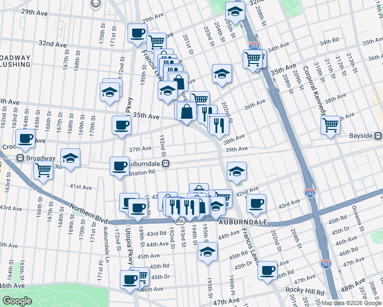 map of restaurants, bars, coffee shops, grocery stores, and more near 194-02 37th Avenue in Queens