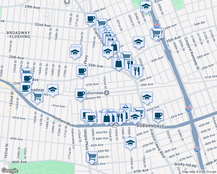 map of restaurants, bars, coffee shops, grocery stores, and more near 192-14 37th Avenue in Queens