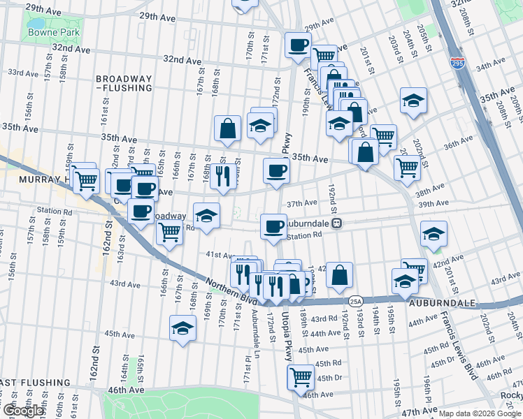 map of restaurants, bars, coffee shops, grocery stores, and more near 36-17 172nd Street in Queens