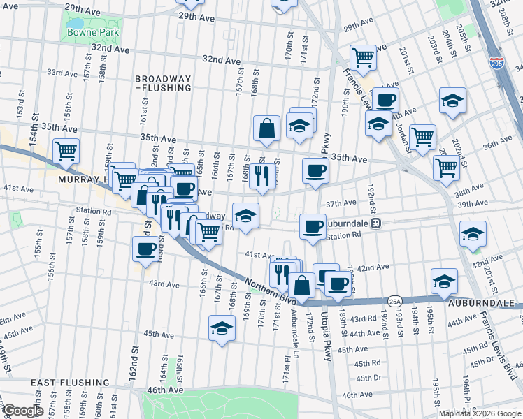 map of restaurants, bars, coffee shops, grocery stores, and more near 36-05 169th Street in Queens