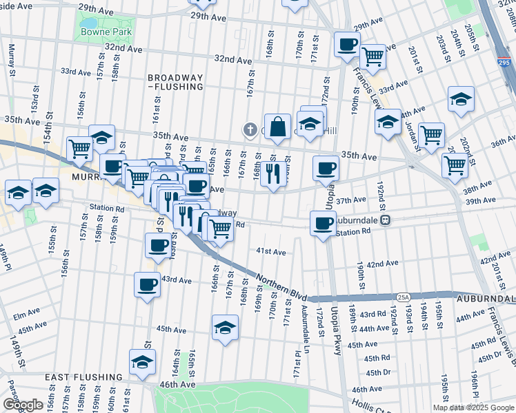 map of restaurants, bars, coffee shops, grocery stores, and more near 167-10 Crocheron Avenue in Queens