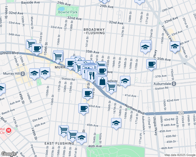 map of restaurants, bars, coffee shops, grocery stores, and more near 16224 Crocheron Avenue in Queens