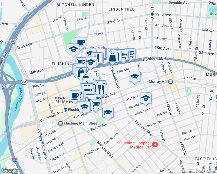 map of restaurants, bars, coffee shops, grocery stores, and more near 143-25 38th Avenue in Queens