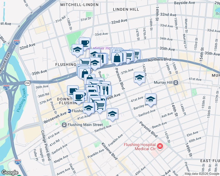 map of restaurants, bars, coffee shops, grocery stores, and more near 143-25 38th Avenue in Queens
