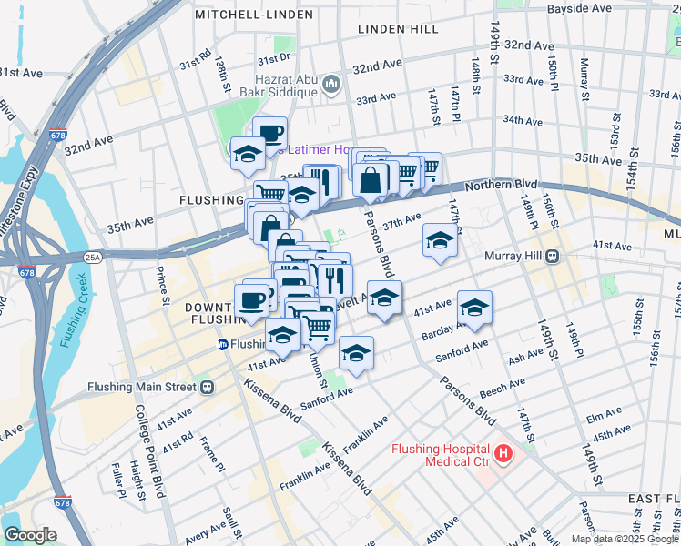 map of restaurants, bars, coffee shops, grocery stores, and more near 143-25 38th Avenue in Queens