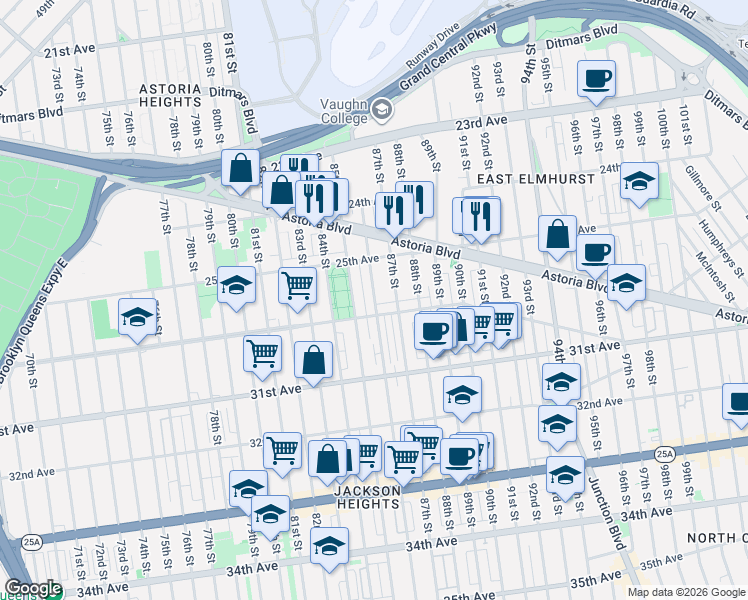 map of restaurants, bars, coffee shops, grocery stores, and more near 25-35 86th Street in Queens