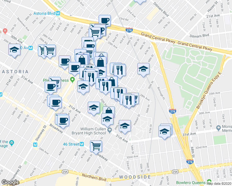 map of restaurants, bars, coffee shops, grocery stores, and more near 28-46 46th Street in Queens