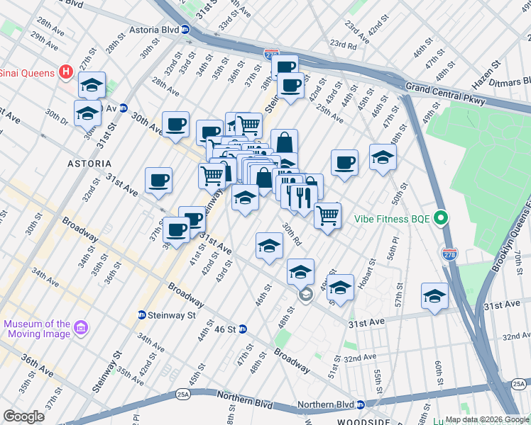 map of restaurants, bars, coffee shops, grocery stores, and more near 43-04 30th Avenue in Queens