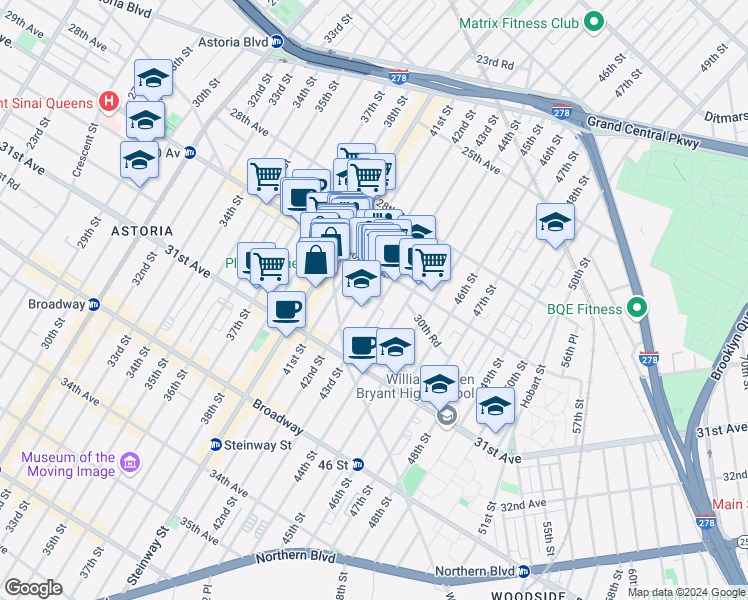 map of restaurants, bars, coffee shops, grocery stores, and more near 30-28 42nd Street in Queens