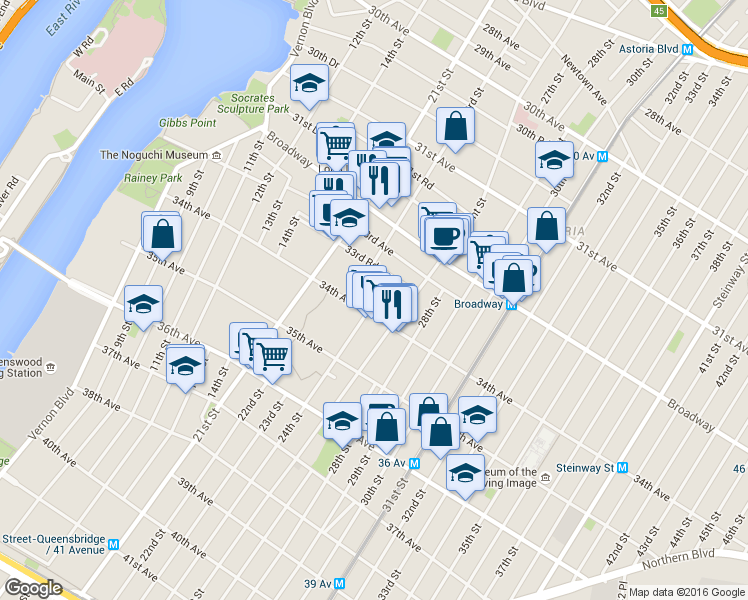 map of restaurants, bars, coffee shops, grocery stores, and more near 2141 34th Avenue in Queens