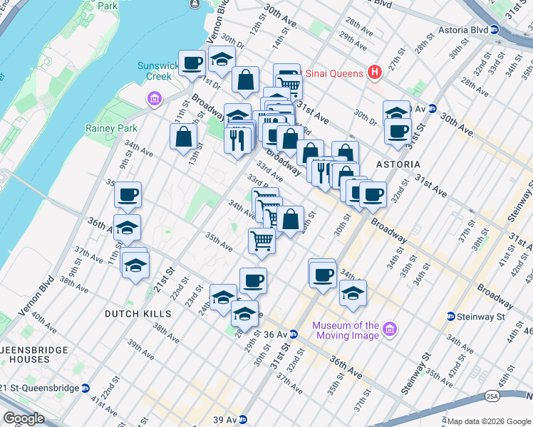 map of restaurants, bars, coffee shops, grocery stores, and more near 21-25 34th Avenue in Queens