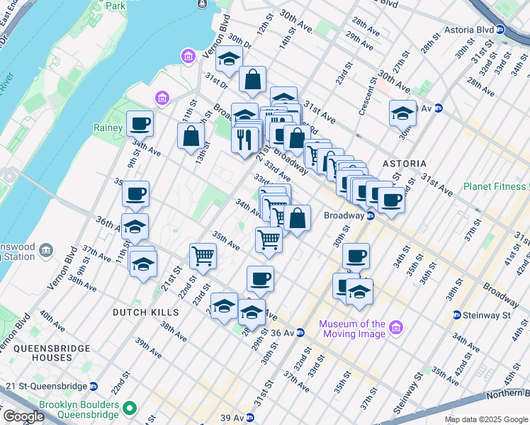 map of restaurants, bars, coffee shops, grocery stores, and more near 2141 34th Avenue in Queens