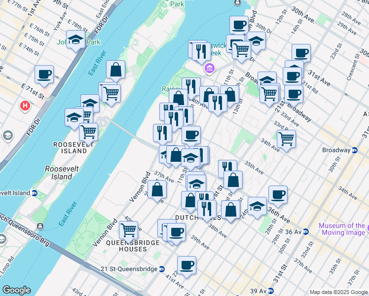 map of restaurants, bars, coffee shops, grocery stores, and more near 35-39 9th Street in Queens