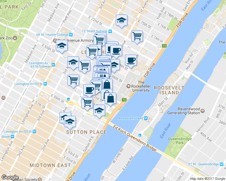 map of restaurants, bars, coffee shops, grocery stores, and more near 430 East 65th Street in New York