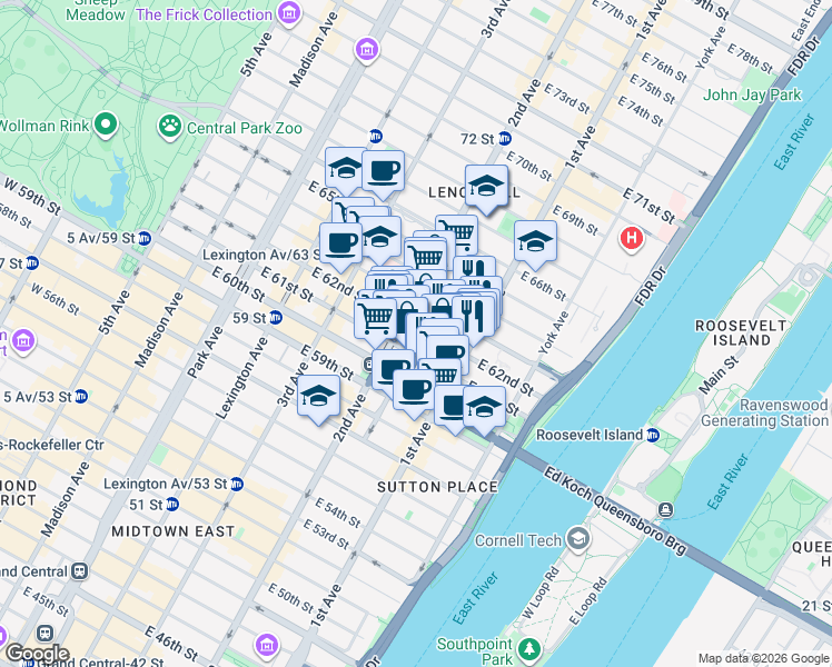 map of restaurants, bars, coffee shops, grocery stores, and more near in New York